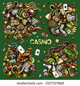 Casino cartoon vector doodle designs set. Colorful detailed compositions with lot of gambling objects and symbols. All items are separate