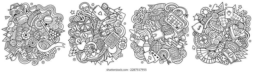 Casino cartoon vector doodle designs set. Line art detailed compositions with lot of gambling objects and symbols