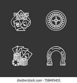Casino chalk icons set. Blackjack, horseshoe, playing cards and casino chips, roulette. Isolated vector chalkboard illustrations