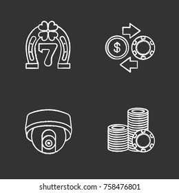Casino chalk icons set. Lucky seven, surveillance camera, casino chips and real money exchange, stack of gambling tokens. Isolated vector chalkboard illustrations
