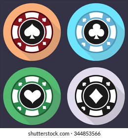 casino chip ace buttons with flat long shadow icons set for web and mobile applications