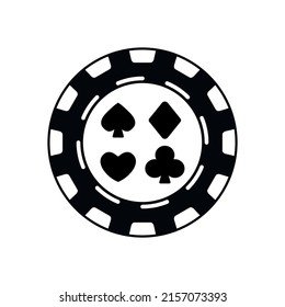 Casino chip black icon with card suits symbols. Isolated poker chip with card suits.