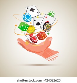 Casino chip, Card, Dices over the human hand. luck and chance in casino game concept - vector illustration