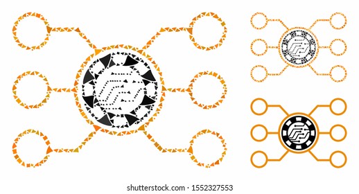 Casino chip circuit composition of abrupt items in variable sizes and color tones, based on casino chip circuit icon. Vector tremulant items are united into collage.