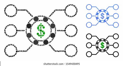 Casino chip circuit composition of round dots in variable sizes and color hues, based on casino chip circuit icon. Vector round dots are grouped into blue composition.
