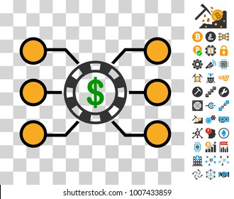Casino Chip Circuit icon with bonus bitcoin mining and blockchain pictures. Vector illustration style is flat iconic symbols. Designed for bitcoin ui toolbars.