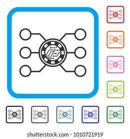 Casino Chip Circuit icon. Flat gray iconic symbol inside a blue rounded square. Black, gray, green, blue, red, orange color additional versions of casino chip circuit vector.
