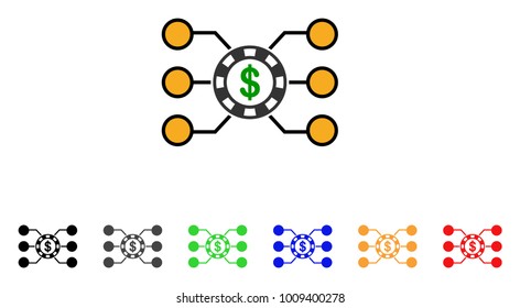 Casino Chip Circuit icon. Vector illustration style is a flat iconic casino chip circuit symbol with grey, yellow, green, blue, red, black color versions. Designed for web and software interfaces.
