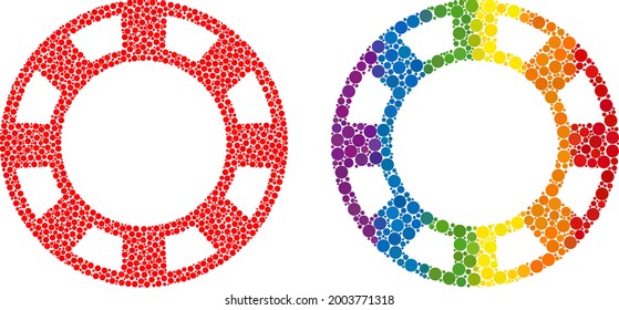 Casino chip collage icon of round items in various sizes and rainbow colored color hues. A dotted LGBT-colored casino chip for lesbians, gays, bisexuals, and transgenders.