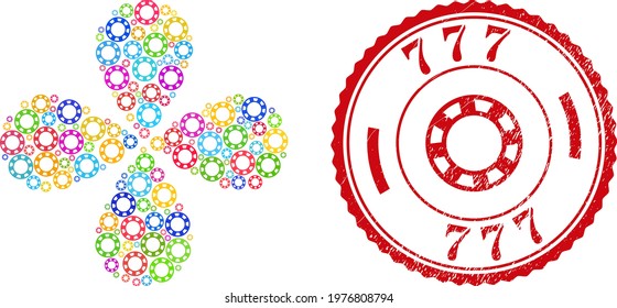 Casino chip colorful rotation flower with 4 petals, and red round 777 grunge stamp. Casino chip symbol inside round stamp imitation. Element flower combined from scattered casino chip items.