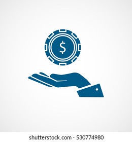 Casino Chip Dollar On Hand Blue Flat Icon On White Background