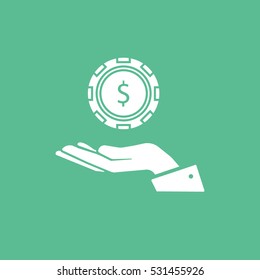 Casino Chip Dollar On Hand Flat Icon On Green Background