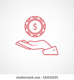 Casino Chip Dollar On Hand Red Line Icon On White Background