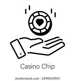 Chip de casino en la mano, icono de estilo lineal