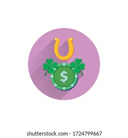 casino chip with horseshoe and four leaf colorful flat icon with long shadow. casino flat icon