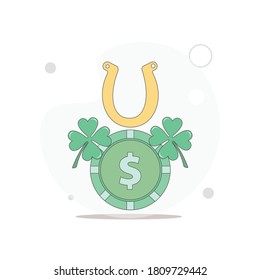 casino chip with horseshoe and four leaf vector flat illustration on white
