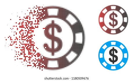 Casino chip icon with face in dispersed, dotted halftone and undamaged entire versions. Pixels are arranged into vector dispersed casino chip figure.