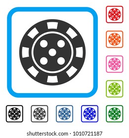 Casino Chip icon. Flat gray pictogram symbol inside a blue rounded frame. Black, grey, green, blue, red, orange color additional versions of casino chip vector.