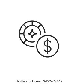 Casino chip icon paired with a dollar sign, representing money and gambling concepts, suitable for financial, gaming, and casino-related design projects. Vector illustration. 