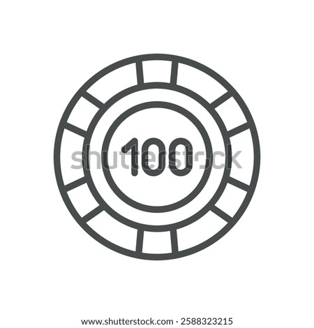 Casino Chip Icon. Thin Line Illustration of Poker Chip with 100 Value, Symbolizing Gambling, Betting and Luck. Isolated Outline Vector Sign.