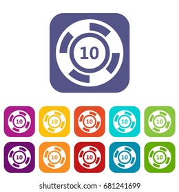 Casino chip icons set vector illustration in flat style in colors red, blue, green, and other