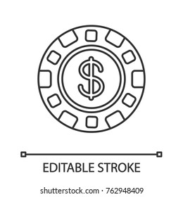 Casino chip linear icon. Gambling token. Thin line illustration. Casino contour symbol. Vector isolated outline drawing. Editable stroke