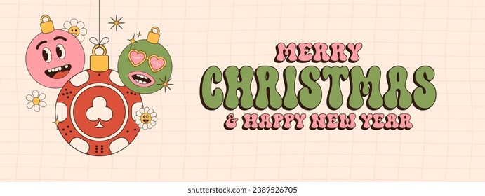 Casino chip Merry Christmas and Happy New Year groovy Sports greeting card. Hanging ball as a groovy Christmas ball on vibrant background. Vector illustration..