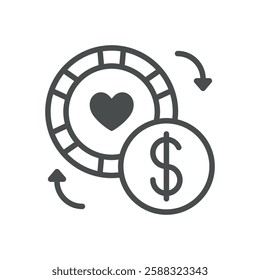 Casino Chip and Money Exchange Icon. Thin Line Illustration of Gambling Token and Dollar Coin, Symbolizing Betting, Transactions, and Winnings. Isolated Outline Vector Sign.