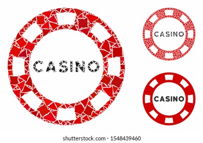Casino chip mosaic of bumpy pieces in variable sizes and color tinges, based on casino chip icon. Vector tuberous pieces are composed into mosaic. Casino chip icons collage with dotted pattern.