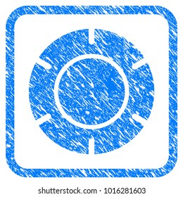 Casino Chip scratched textured icon inside rounded frame for overlay watermark stamps. Flat symbol with unclean texture. Framed vector blue rubber seal stamp with grunge design of casino chip.