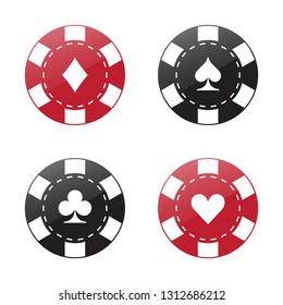 Casino chip set with poker card symbols in top view isolated on white. Gaming symbols.