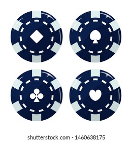 Casino chip set. The suit of cards. Blue and white color. Vector illustration