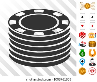 Casino Chip Stack pictograph with bonus gambling pictograms. Vector illustration style is flat iconic symbols. Designed for gamble software.