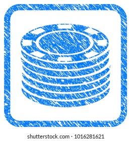 Casino Chip Stack scratched textured icon inside rounded frame for overlay watermark stamps. Flat symbol with dust texture.