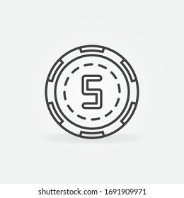 Casino Chip with value 5 vector concept outline icon or design element