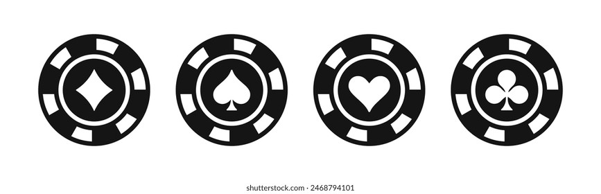 Casino chip vector icon set. Ace, spade, diamond and club gambling icons.