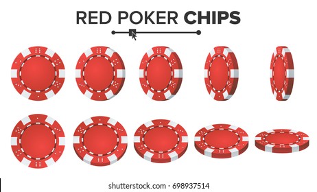 Casino Chip Vector. Red Poker Chips Set. 3D Realistic Plastic Gambling Sign Isolated On White Background. Flip Different Angles. Jackpot 777, Token Coin, Success Illustration.