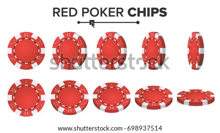 Casino Chip Vector. Red Poker Chips Set. 3D Realistic Plastic Gambling Sign Isolated On White Background. Flip Different Angles. Jackpot 777, Token Coin, Success Illustration.