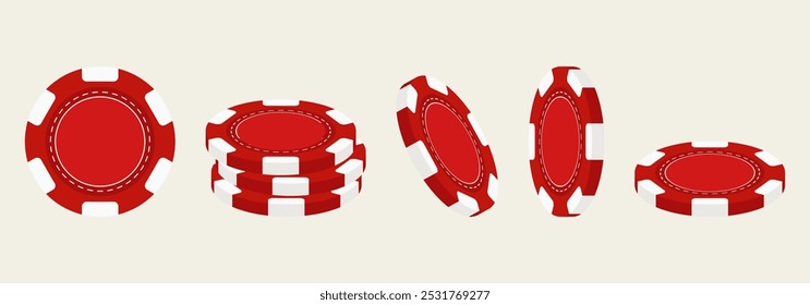 Casino chips 3D icons set. Red tokens for poker, gambling, and blackjack. Vector illustration.