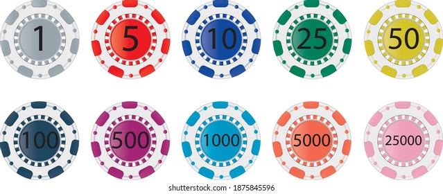 casino chips 9 pieces different nominals easy to edit eps
