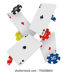 Casino Chips And Aces Falling On A White Background. Vector Gambling Fond With Flying Playing Cards And Gaing Coins.