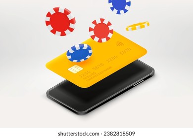 Casino chips, bank card and smartphone. 3d vector illustration