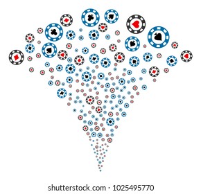Casino Chips burst fountain. Vector illustration style is flat iconic symbols. Object fountain constructed from random icons as casino chips fireworks.