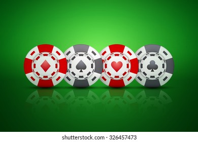 Casino chips with card suit symbols on green background. Vector Illustration.