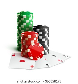 casino chips and cards isolated on white realistic theme