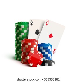 casino chips and cards isolated on white realistic theme