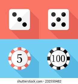 casino chips and dice icons. Flat design style modern vector illustration. Isolated on stylish color background. Flat long shadow icon. Elements in flat design.
