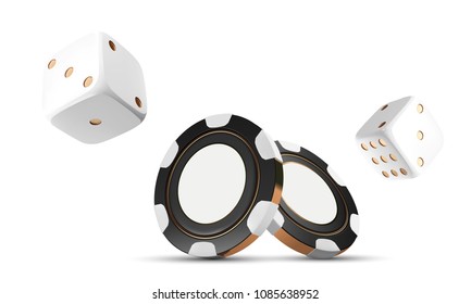 Casino chips and dice isolated on white. Casino game 3D chips. Online casino banner. Black realistic chip. Gambling concept, poker mobile app icon. Chips falling in the air.