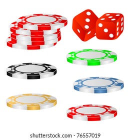 Casino chips and dice on a white background.