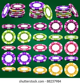 Casino chips in different foreshortening and colors in vector, isolated over green